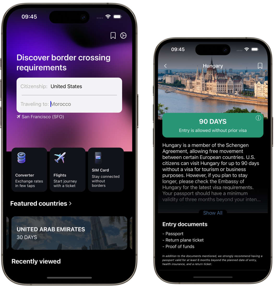 TRAVELOUT app showing visa requirements by passport